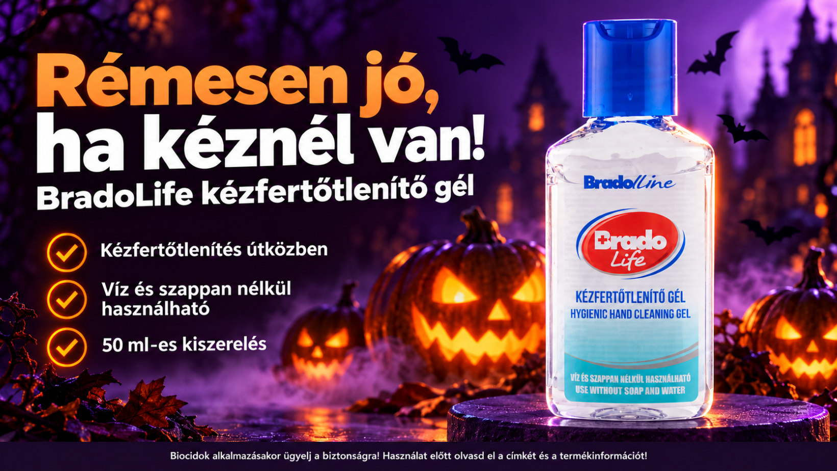 Halloweenes BradoLife kézfertőtlenítő gél termékkép: kézfertőtlenítés útközben, víz és szappan nélkül használható, 50 ml-es kiszerelés.
